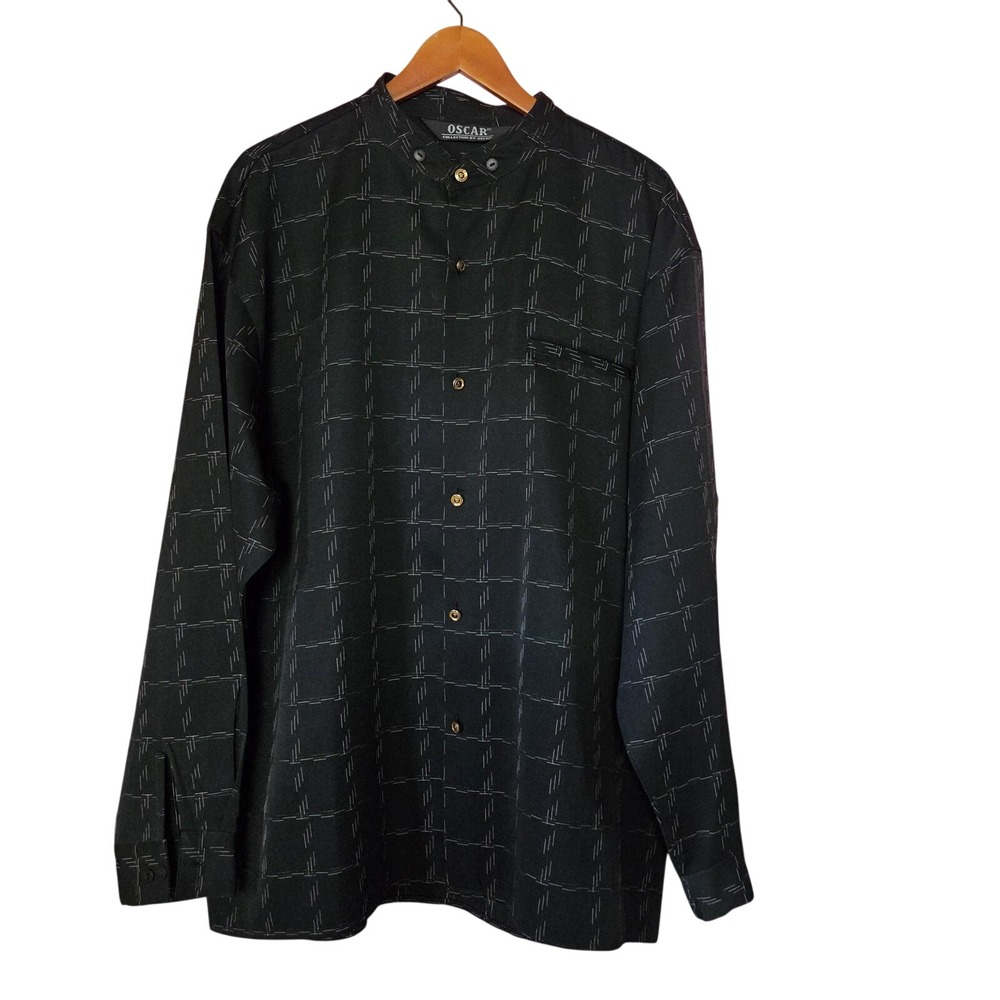 OSCAR Shirt Mens XL Black Check Band Collar Button-Up Long Sleeve Twill